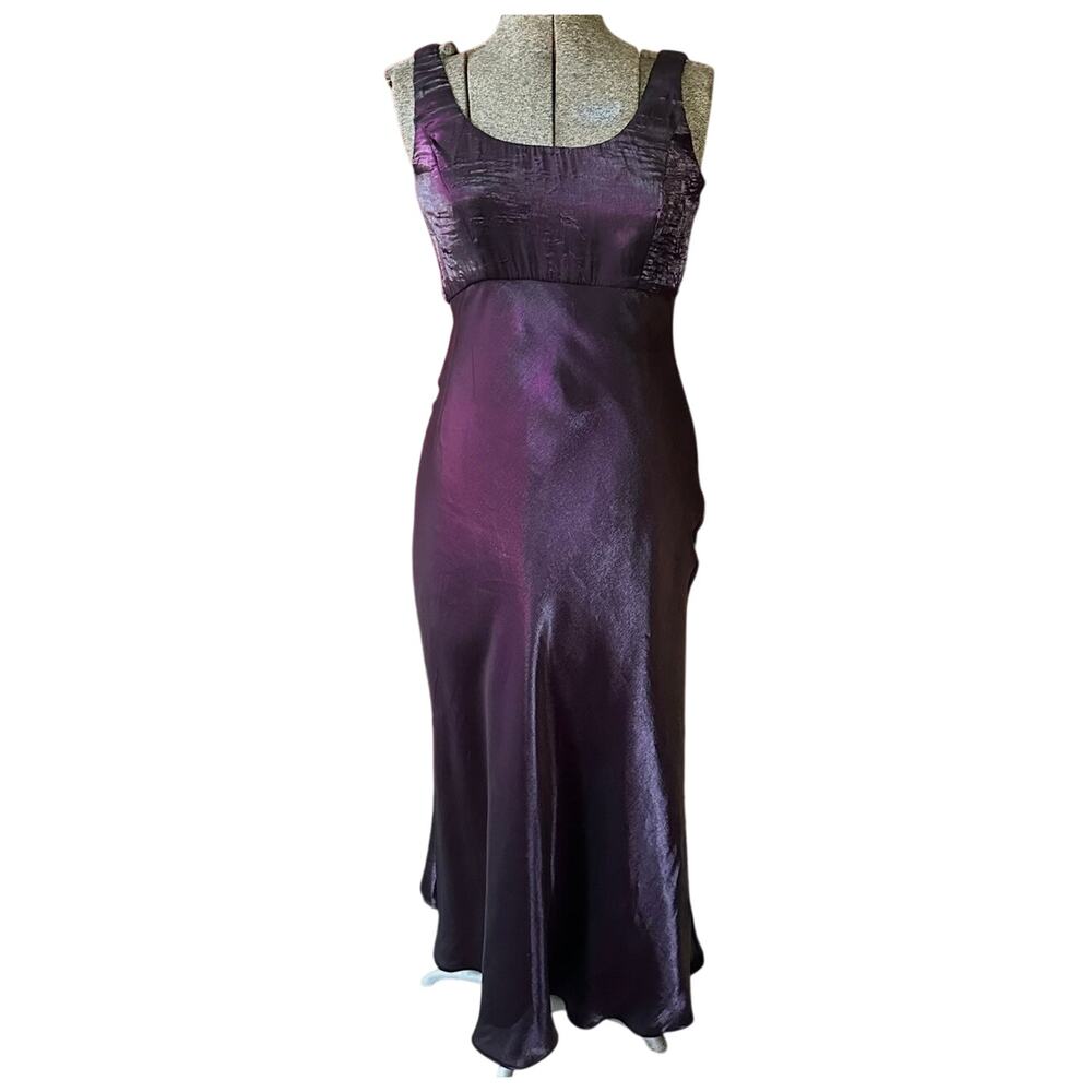 Vintage 90s Dark Purple Plum High Waist Sleeveless Satin Maxi Prom Dress 8 Y2K
